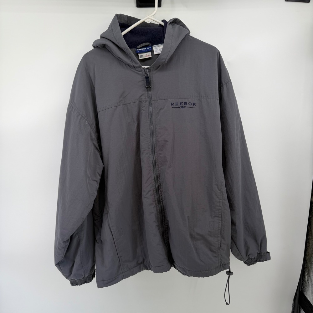 Reebok‎ Vintage Gray Hooded Windbreaker Fleece Lined Jacket Mens Medium 0199